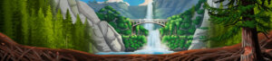Illustration of a forested area in front of a bridge and waterfall