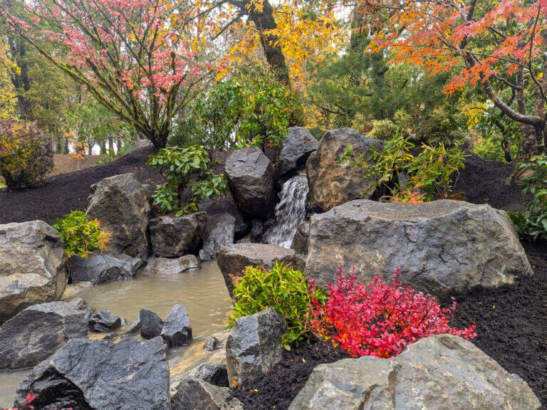 Waterfall feature in a Japanese garden in Dallas, Oregon
