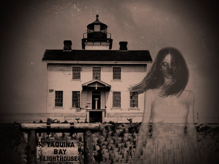 Ghostly image of a young woman in front of a historic view of the Yaquina Bay Lighthouse