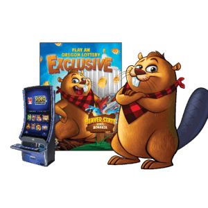 An image of a Video Lottery poster is flanked by a photo of the game terminal on one side and an illustration of Buzz, the game mascot on the other side