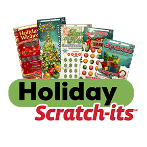 An array of the 5 holiday scratch-its above the scratch-its logo