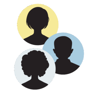 illustration of three heads in silhouette on three solid color circles in shades of blue and yellow